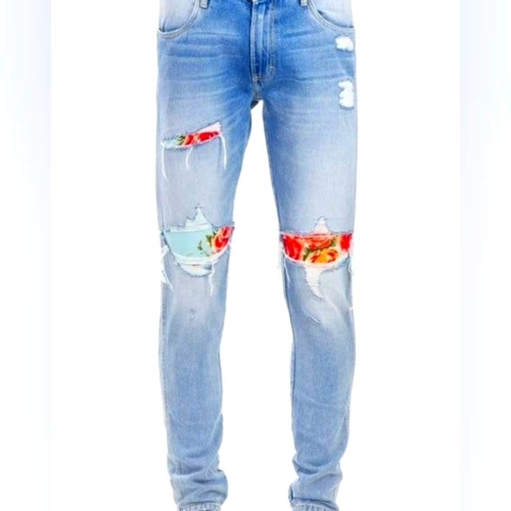 Tapered Ripped Floral Patch  Jeans